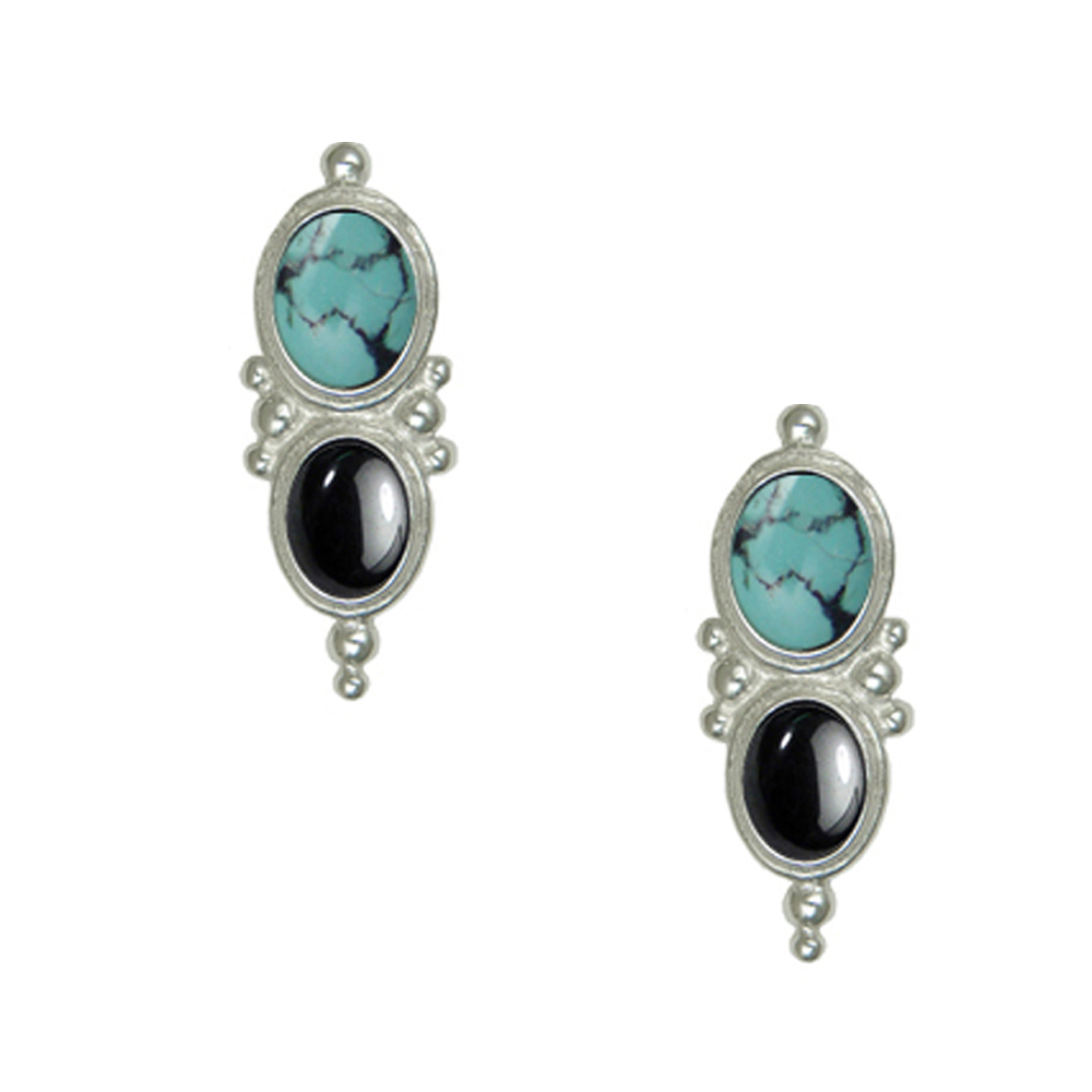 Sterling Silver Drop Dangle Earrings With Chinese Turquoise And Hematite